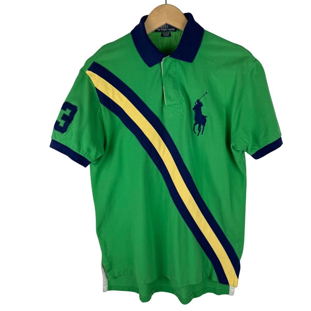 Polo Ralph Lauren Big Pony Rugby Polo Mens M Striped Green Cotton Mesh Shirt - Picture 4 of 8